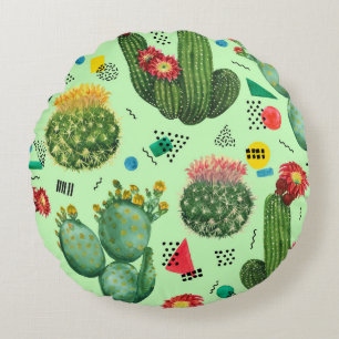 Coussins Ronds Fleurs de cactus : Aquarelle Arrière - plan géomét
