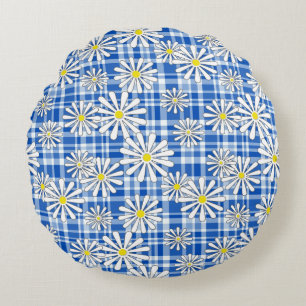 Coussins Ronds Fleurs de camomille blanches sur à damiers dos ble