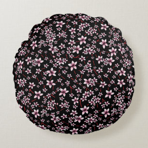 Coussins Ronds Fleurs de cerisier roses sur fond noir