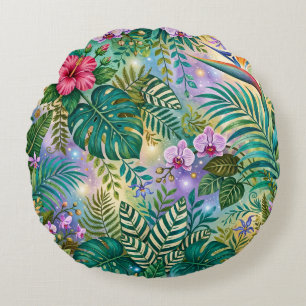 Coussins Ronds Fleurs de Fantaisie Jungle Violet Vert Or Rêveur