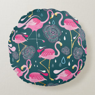 Coussins Ronds Fleurs de Flamants roses : Graphisme foncé sans co