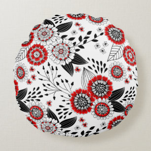 Coussins Ronds Fleurs de gribouillis et feuilles en rouge et noir