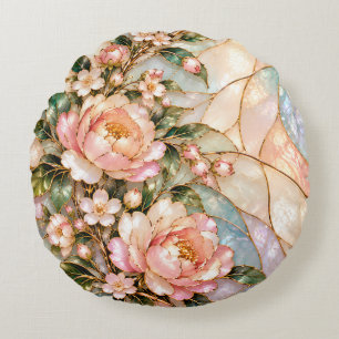 Coussins Ronds Fleurs de pivoine roses avec flore de nacre bleue