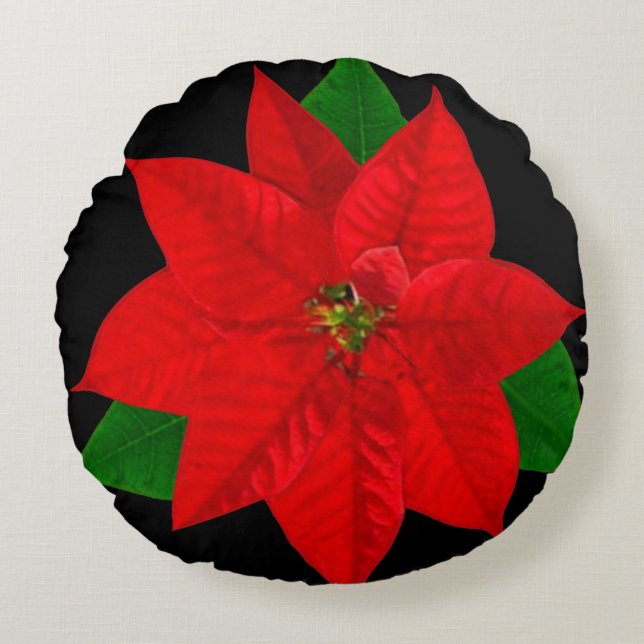 Coussins Ronds Fleurs de Poinsettia sur noir (Devant)