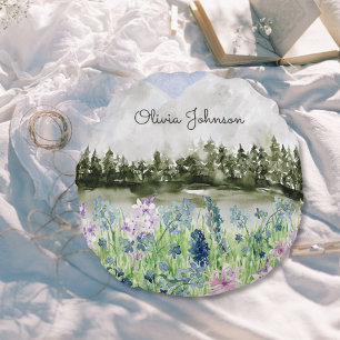 Coussins Ronds Fleurs de pré bleu violet aquarelle monogrammées