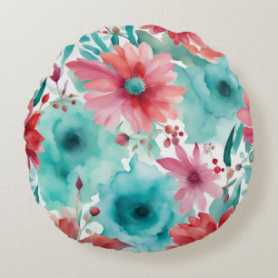 Coussins Ronds Fleurs de printemps à l'aquarelle bleu turquoise r