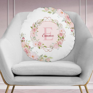 Coussins Ronds Fleurs de rose rose blush aquarelle à monogramme f