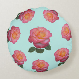 Coussins Ronds Fleurs de rose rose sur fond bleu clair