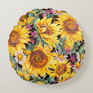 Coussins Ronds Fleurs de soleil d'aquarelle été vintage patte tra
