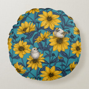 Coussins Ronds Fleurs de soleil sauvages et crêtes d'or/jaune