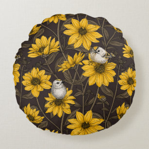 Coussins Ronds Fleurs de soleil sauvages et crêtes d'or/jaune