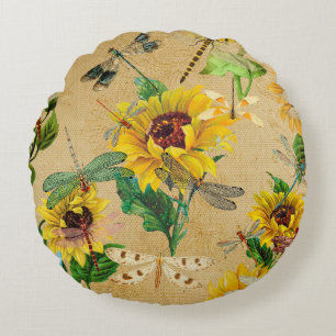 Coussins Ronds Fleurs de soleil vintages et libellules