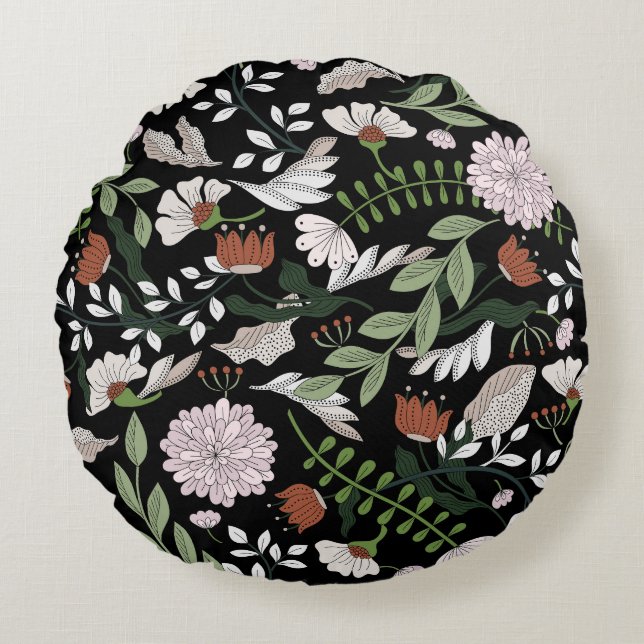 Coussins Ronds Fleurs d'Engraving Antique Peint à la main (Devant)