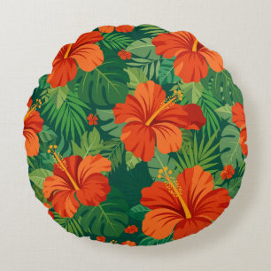 Coussins Ronds Fleurs d'Hibiscus Rouge Orange Vert Feuillage de l