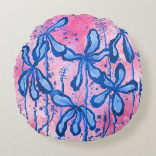 Coussins Ronds Fleurs encrées Abstraites Lys bleu rose