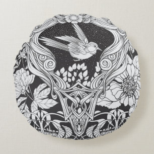 Coussins Ronds Fleurs et oiseau dans un style Art nouveau sans co