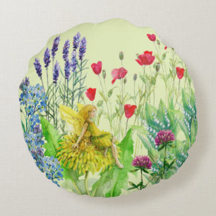 Coussins Ronds Fleurs et pissenlit Peinture à l'aquarelle de fée