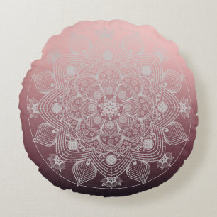Coussins Ronds Fleurs, Feuilles, Mandala Floral à la dentelle bl