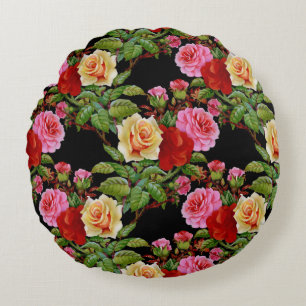 Coussins Ronds Fleurs florales Roses rouge rose jaune vert