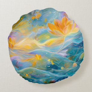 Coussins Ronds Fleurs flottantes Abstraites de Lotus d'or