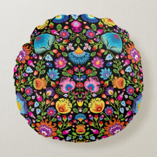 Coussins Ronds Fleurs folkloriques Wycinanki noir
