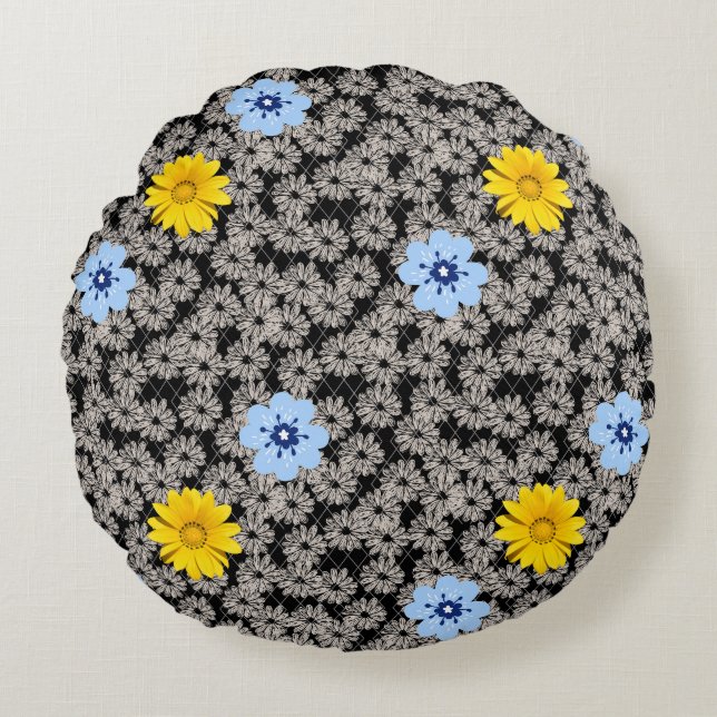 Coussins Ronds Fleurs motif 19.b. BG noir (Devant)