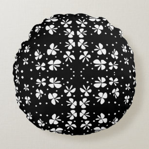 Coussins Ronds Fleurs noir et blanc doodle