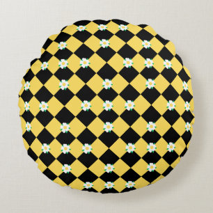 Coussins Ronds Fleurs noires jaunes et blanches à carreaux