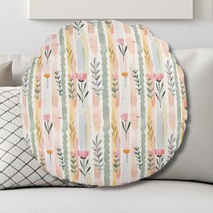 Coussins Ronds Fleurs rayées pastel aquarelle vintage