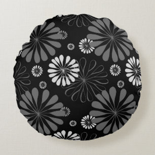 Coussins Ronds Fleurs rétro noir et blanc