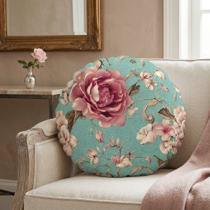 Coussins Ronds Fleurs roses et blanches Shabby Chic sur sarcelle