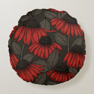 Coussins Ronds Fleurs rouges sur marron