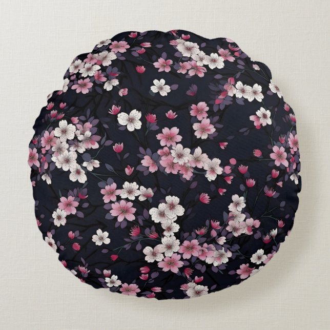 Coussins Ronds Fleurs Sakura Roses Noires, Design Motif, (Devant)