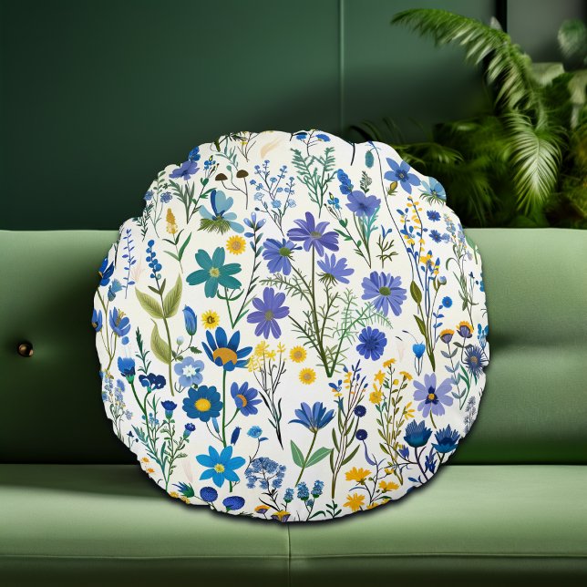 Coussins Ronds Fleurs sauvages de Jardin Bleu Rustique (Créateur téléchargé)