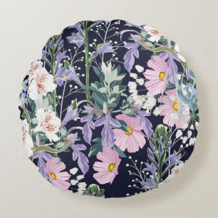 Coussins Ronds Fleurs sauvages de printemps : Bleu foncé Vintage.