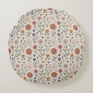 Coussins Ronds Fleurs sauvages dessinées à la main dans un patchw