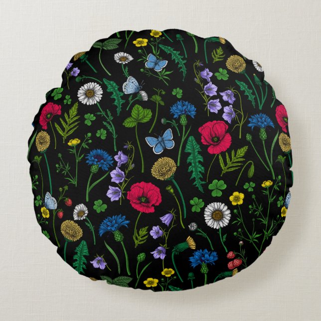 Coussins Ronds Fleurs sauvages en noir (Devant)