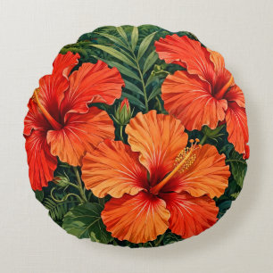 Coussins Ronds Fleurs tropicales de jungle d'hibiscus orange luxu