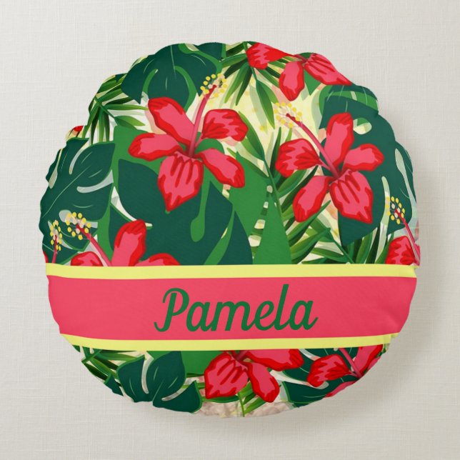 Coussins Ronds Fleurs tropicales et feuilles (Devant)