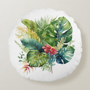 Coussins Ronds Fleurs tropicales roses vertes feuilles de palmier