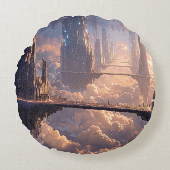 Coussins Ronds Floating Metropolis in the Clouds (Devant)