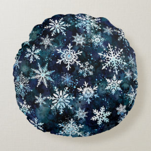 Coussins Ronds Flocons de neige bleu profond nuit magique d'hiver