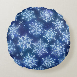 Coussins Ronds Flocons de neige de magie hivernale ciel bleu prof