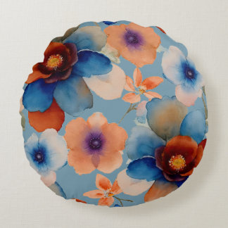 Coussins Ronds Floral bleu, rouge et orange