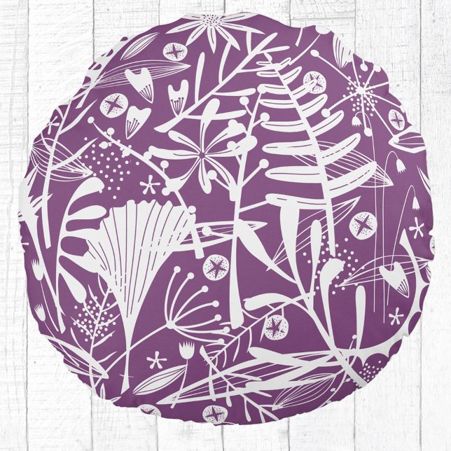 Coussins Ronds Floral Botanique violet (Purple and white botanical silhouette round pillow)