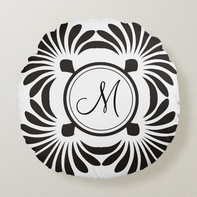 Coussins Ronds Floral Coussin-Noir rond initial de monogramme (Devant)
