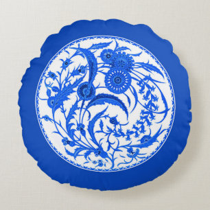 Coussins Ronds Floral Jacobéen chinois antique - Bleu de Cobalt