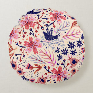 Coussins Ronds Floral, oiseaux, motif vintage sans soudure.