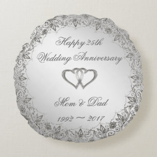 Coussins Ronds Flourish Silver 25e anniversaire Mariage