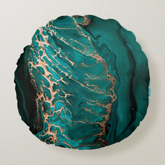 Coussins Ronds Fluide acrylique. Fluide vert foncé en oc abstrait (Devant)